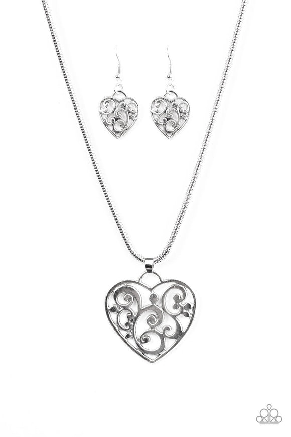 NE408 Filigree Your Heart With Love - Silver - Necklace/Earring Set - Paparazzi