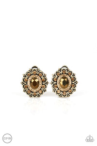 E069 Flowering Dazzle - Brass - *Clip On* Earrings - Paparazzi