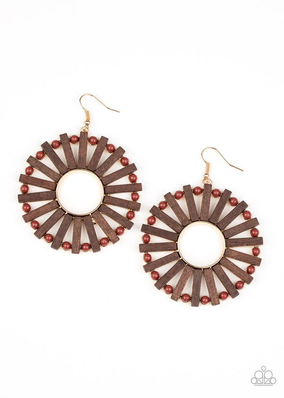 Solare Flare - Brown Wood Bead Circle Earrings - Paparazzi